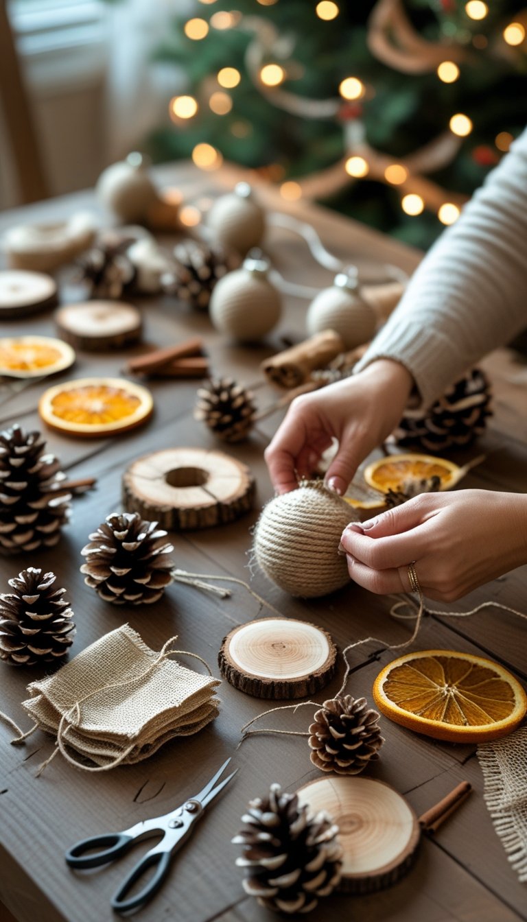 Hands crafting rustic Christmas ornaments on a wooden table with natural materials and festive decorations in the background.
