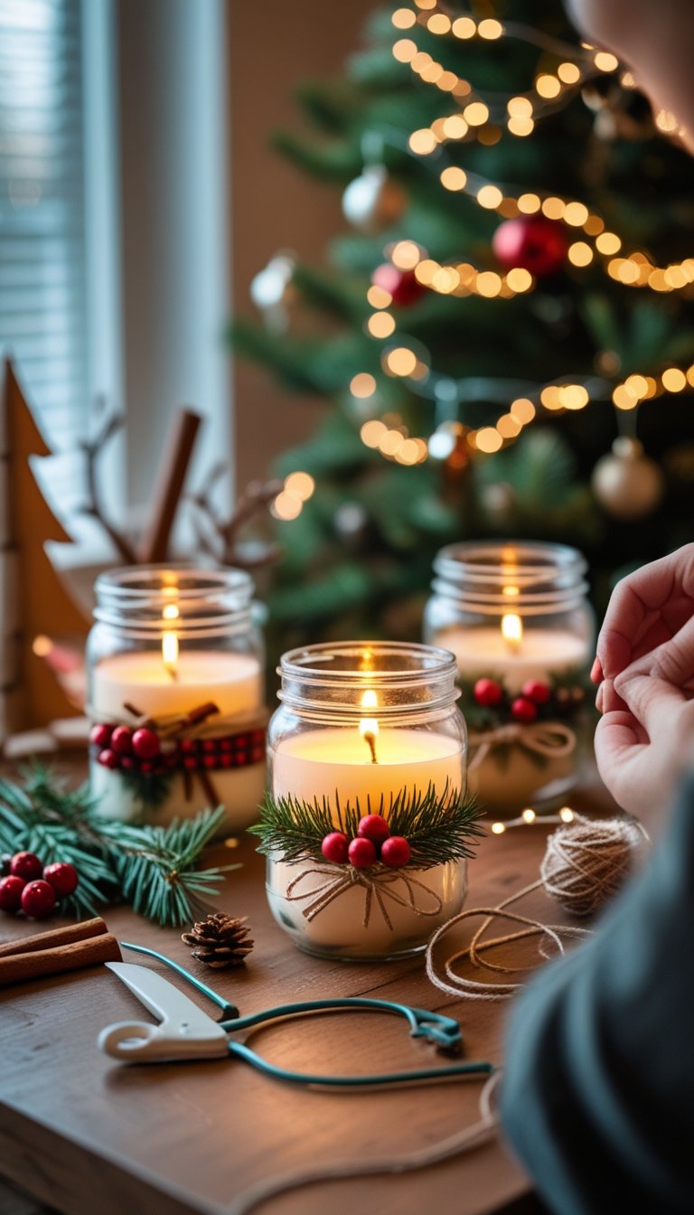 A person arranging homemade Christmas candle jars decorated with pine branches and cinnamon sticks on a wooden table with crafting supplies nearby.