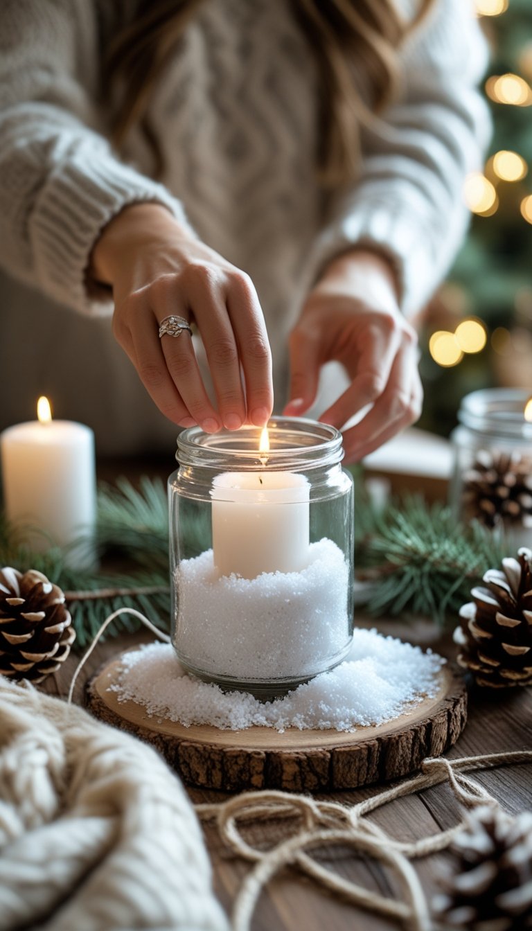 Hands crafting a DIY snow candle holder on a wooden table with candles, faux snow, pine cones, and evergreen branches.