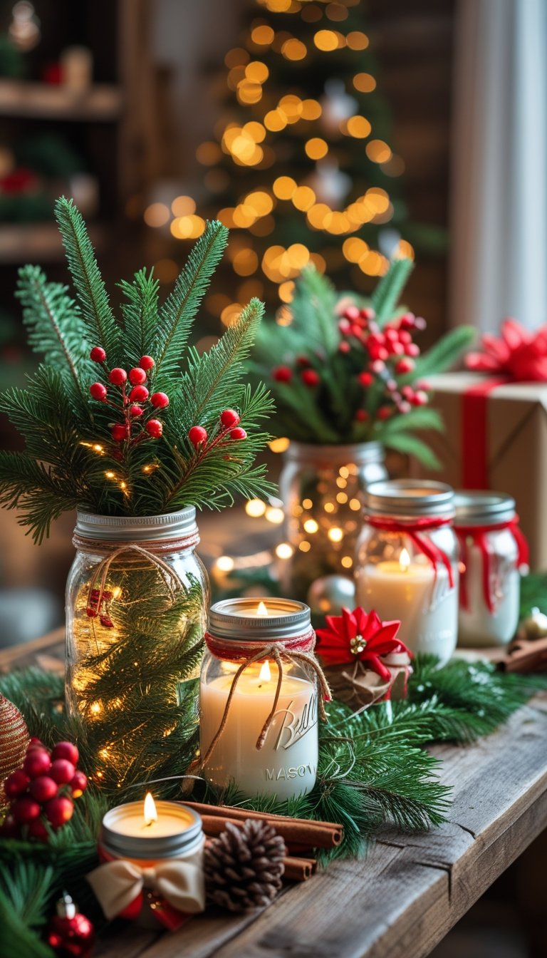 A table displaying mason jars decorated with Christmas greenery, berries, cinnamon sticks, and candles, arranged as festive holiday centerpieces and gifts.