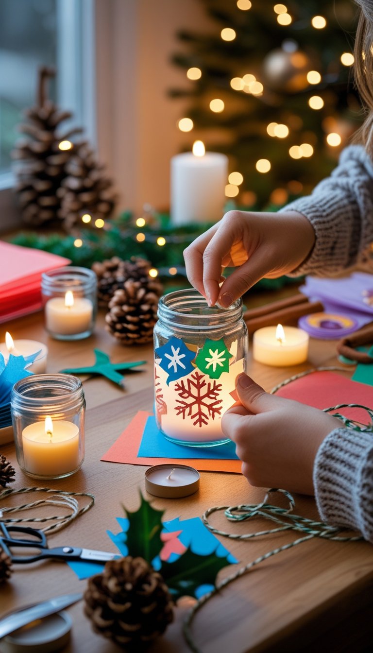 Hands decorating a glass jar on a wooden table surrounded by crafting supplies and holiday decorations.