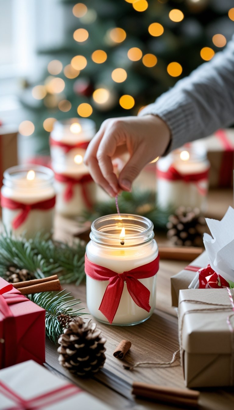 A person tying a red ribbon around a DIY Christmas candle jar on a wooden table with festive decorations and gift boxes nearby.