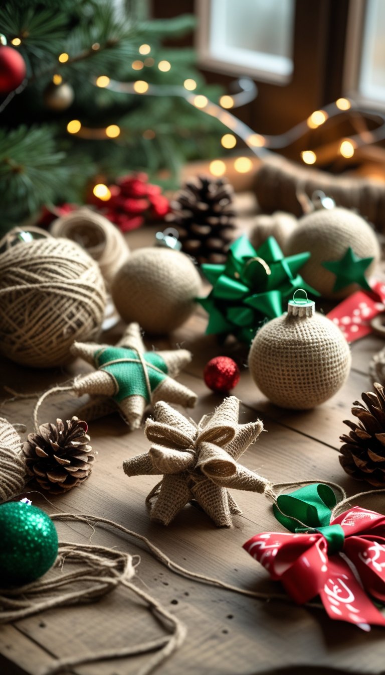 A wooden table with handmade rustic Christmas ornaments made from twine, burlap, and ribbons, surrounded by pinecones and evergreen branches.