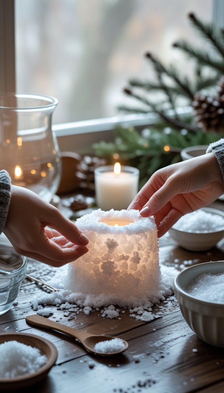 Hands crafting a snow-like candle holder on a wooden table with candle and crafting materials nearby.
