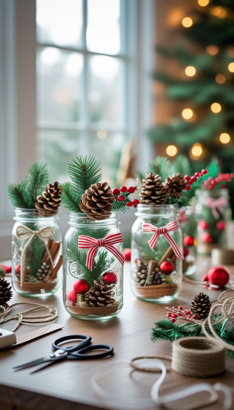 A table with decorated mason jars and crafting supplies for making Christmas decorations at home.