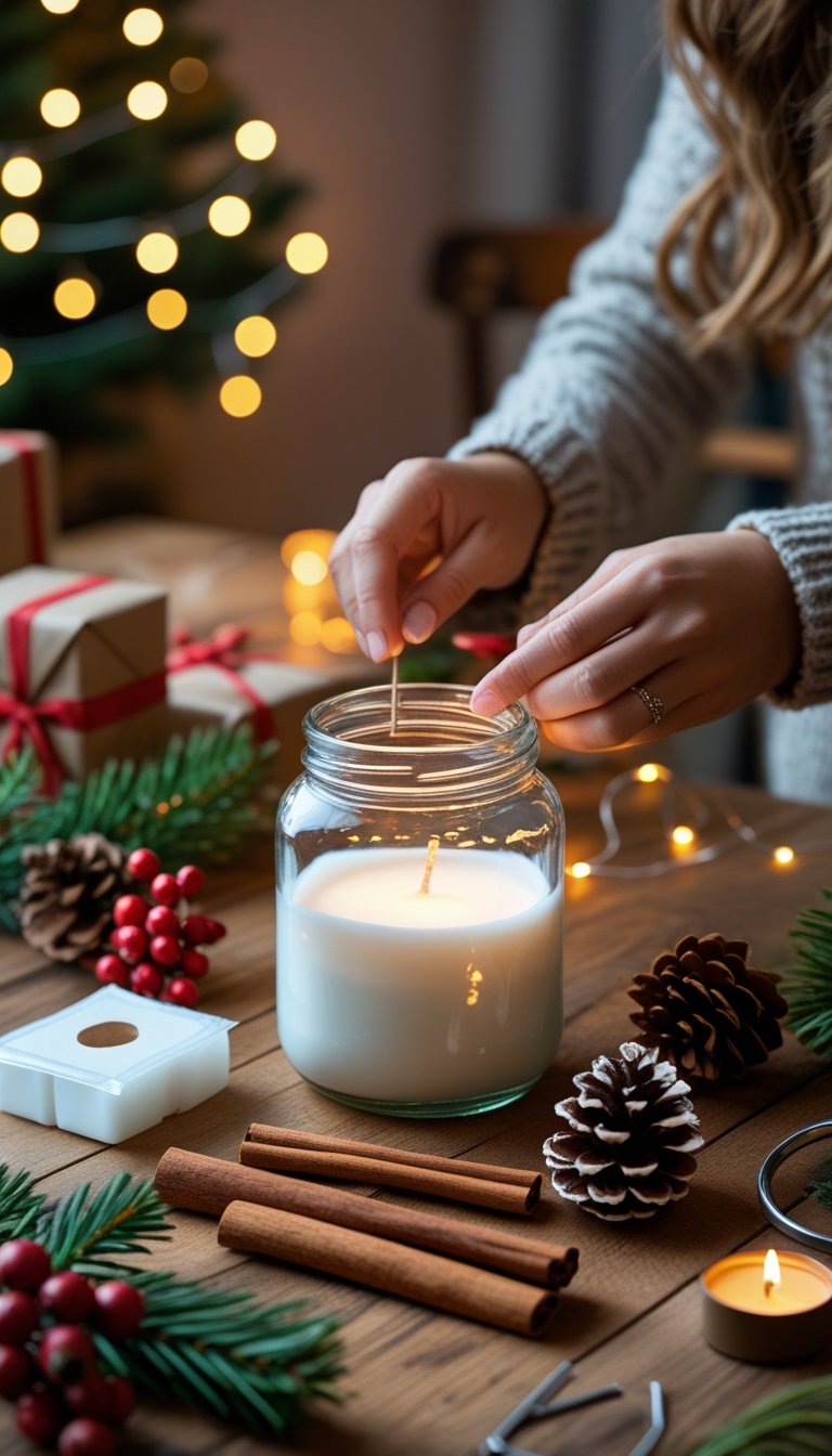 Hands making a DIY Christmas candle jar on a wooden table with festive decorations and crafting materials.