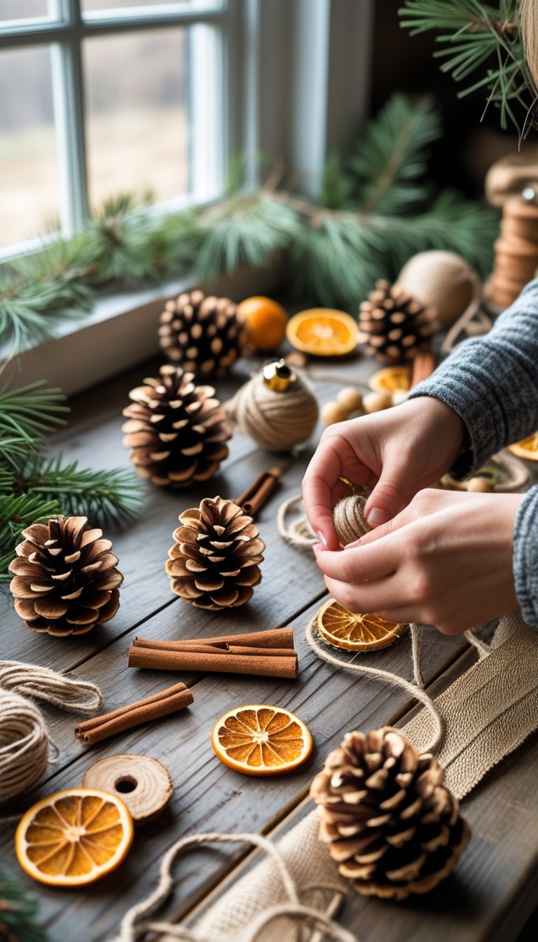 Hands making rustic Christmas ornaments on a wooden table with natural materials like pinecones and dried orange slices in a farmhouse kitchen.