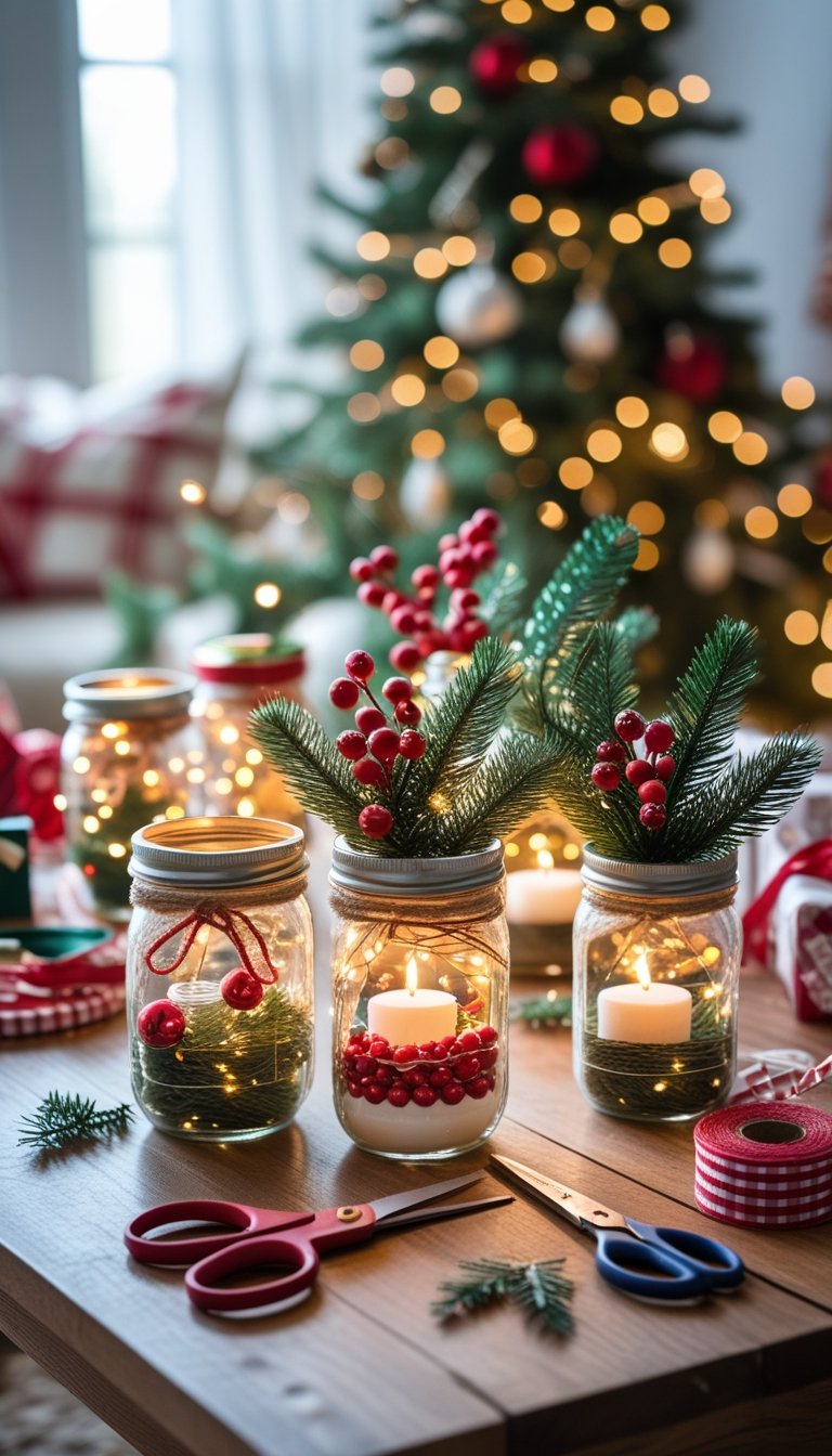 A wooden table with decorated mason jars filled with Christmas decorations and candles, surrounded by crafting materials and holiday decorations in the background.