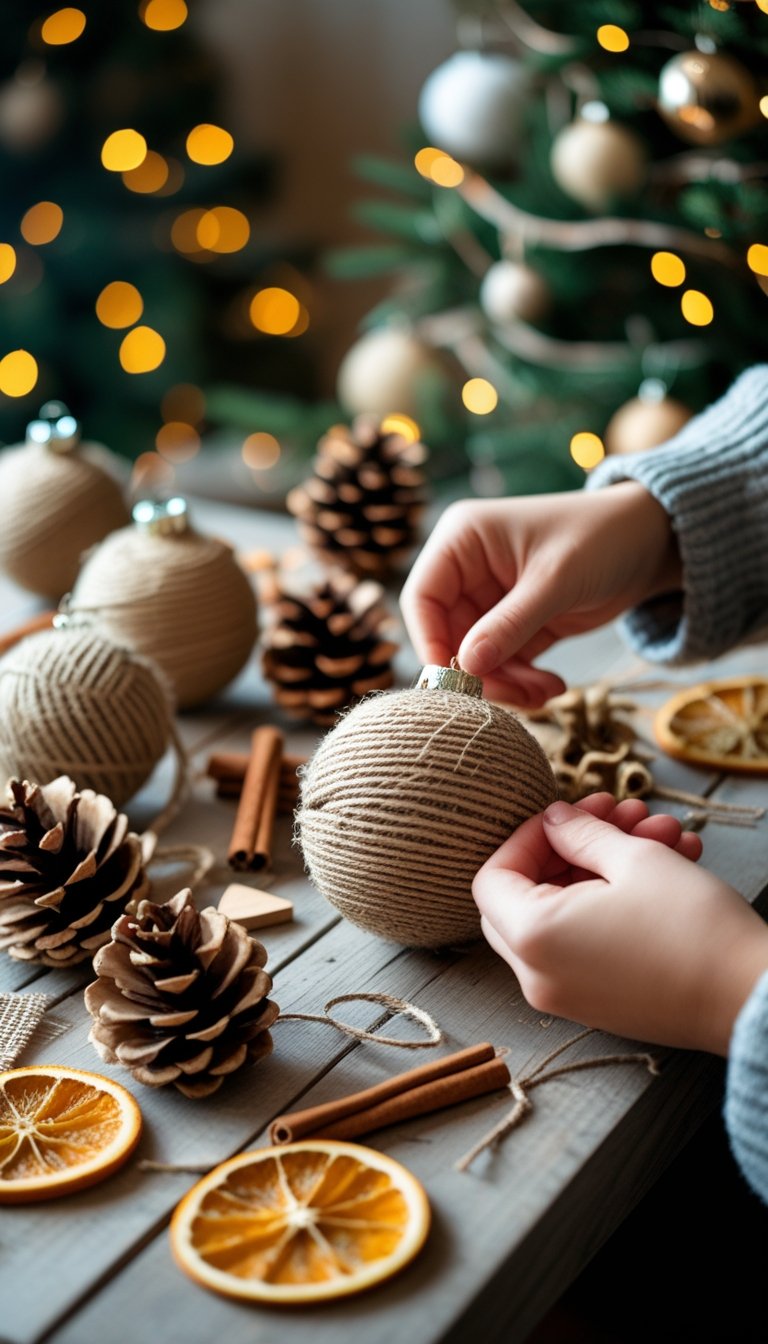 Hands making rustic Christmas ornaments on a wooden table with natural crafting materials and a blurred Christmas tree in the background.
