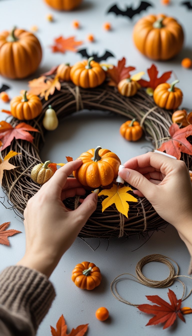 Hands assembling a Halloween pumpkin wreath with small pumpkins and autumn leaves on a grapevine base.