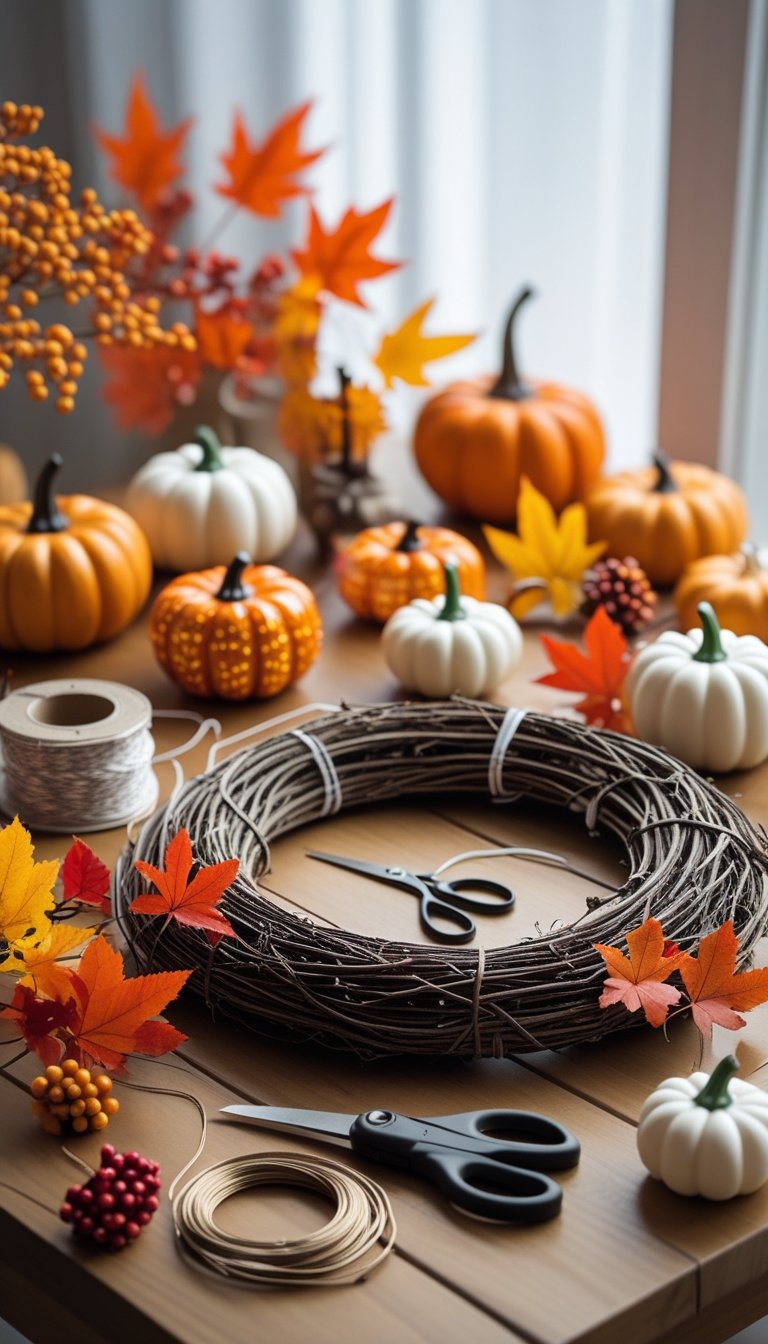 A table with supplies for making a Halloween pumpkin wreath, including small pumpkins, autumn leaves, a glue gun, scissors, twine, and a grapevine wreath base.