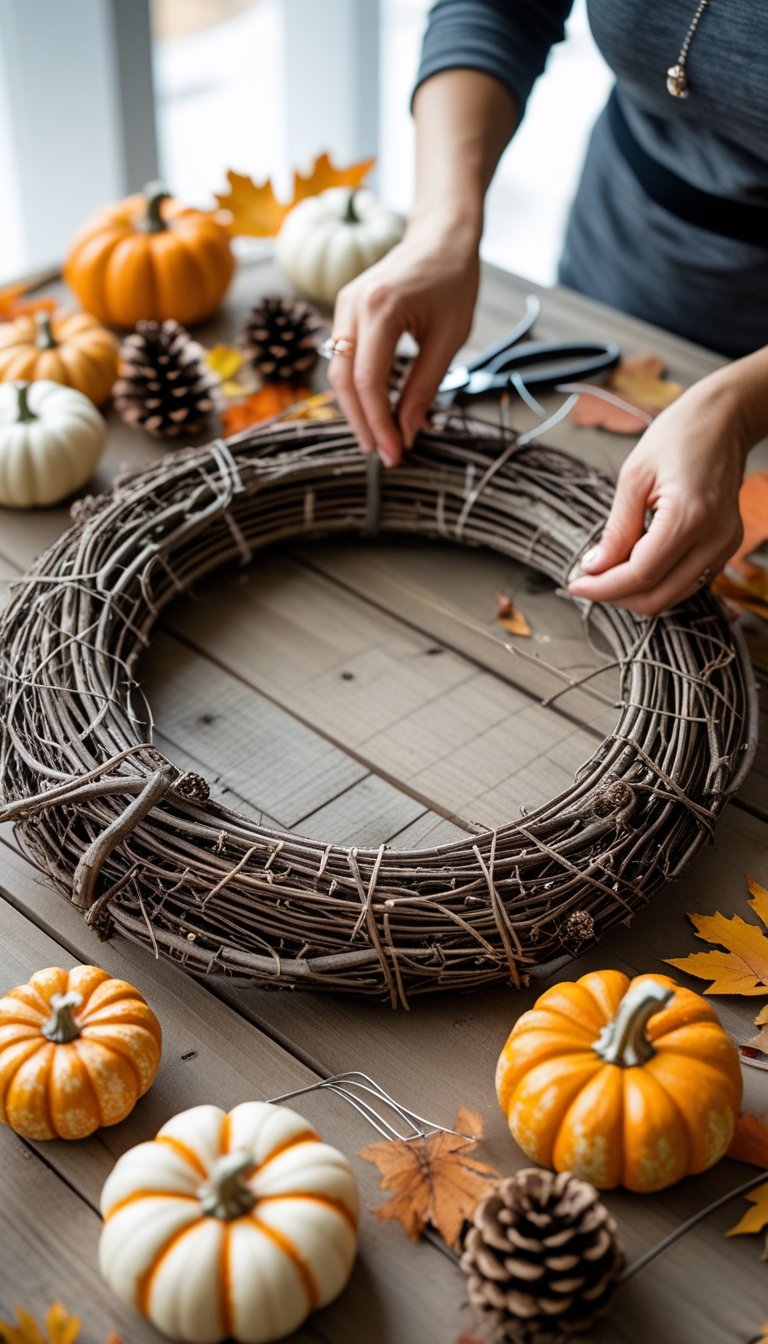 Hands assembling a circular wreath base with small pumpkins and autumn decorations on a wooden table.