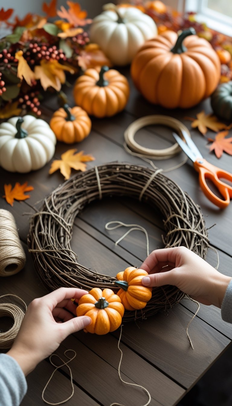 Hands assembling a Halloween pumpkin wreath on a wooden table with crafting supplies and small pumpkins.