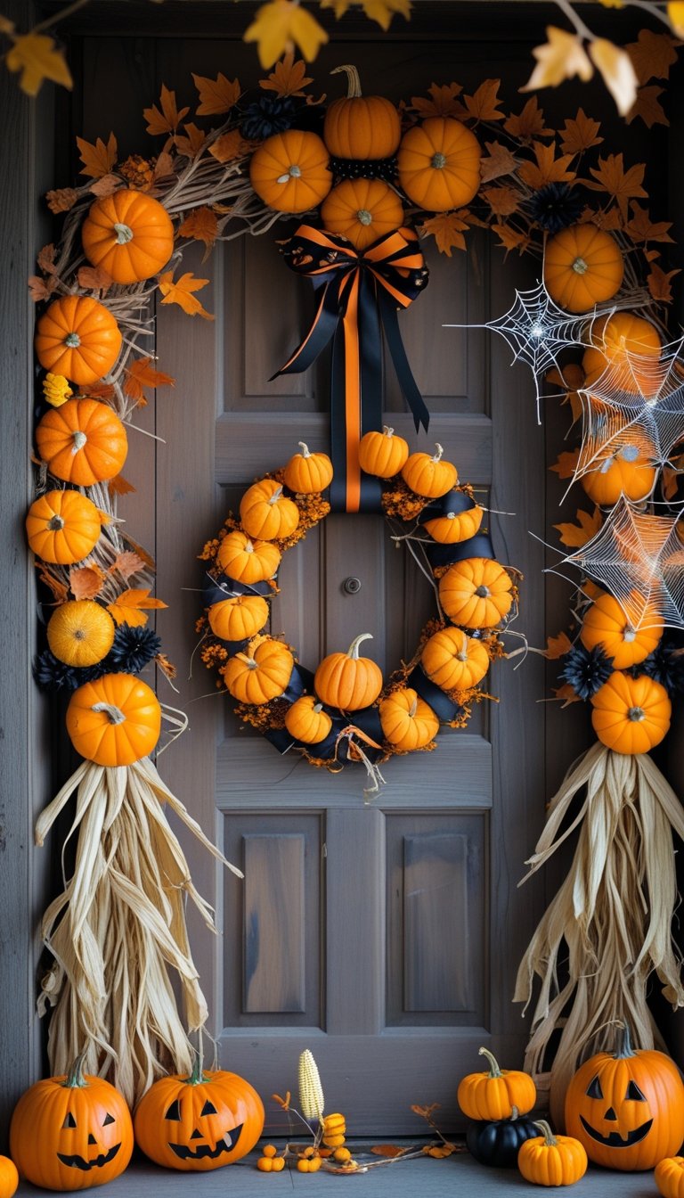 Several Halloween pumpkin wreaths decorated with autumn leaves and ribbons hanging on a wooden door.