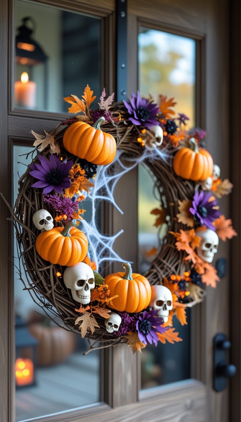 A Halloween pumpkin wreath decorated with small pumpkins, flowers, leaves, and skulls hanging on a wooden door.