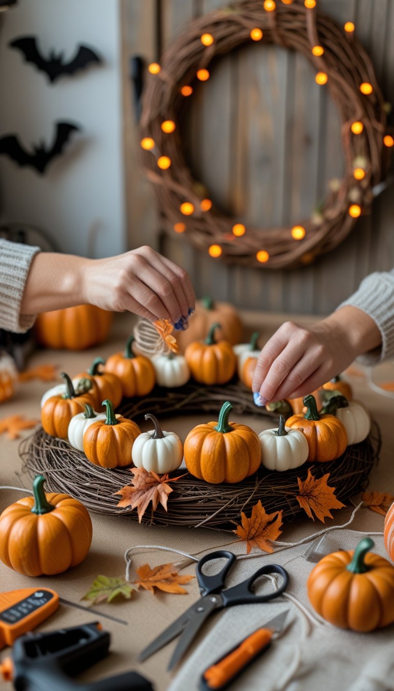 Hands attaching small pumpkins and autumn leaves to a Halloween wreath on a craft table with tools and decorations nearby.