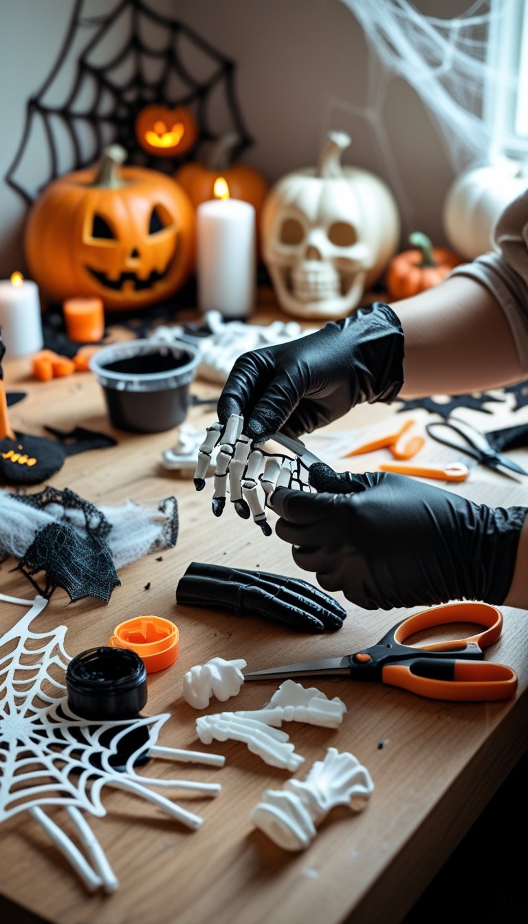 Hands assembling DIY Halloween props on a table filled with crafting materials and Halloween decorations.