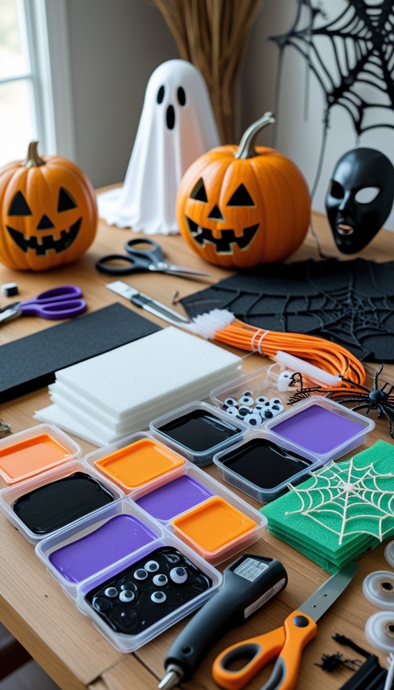 A workspace with tools and materials for making DIY Halloween props, including paints, glue gun, foam sheets, and spooky decorations.