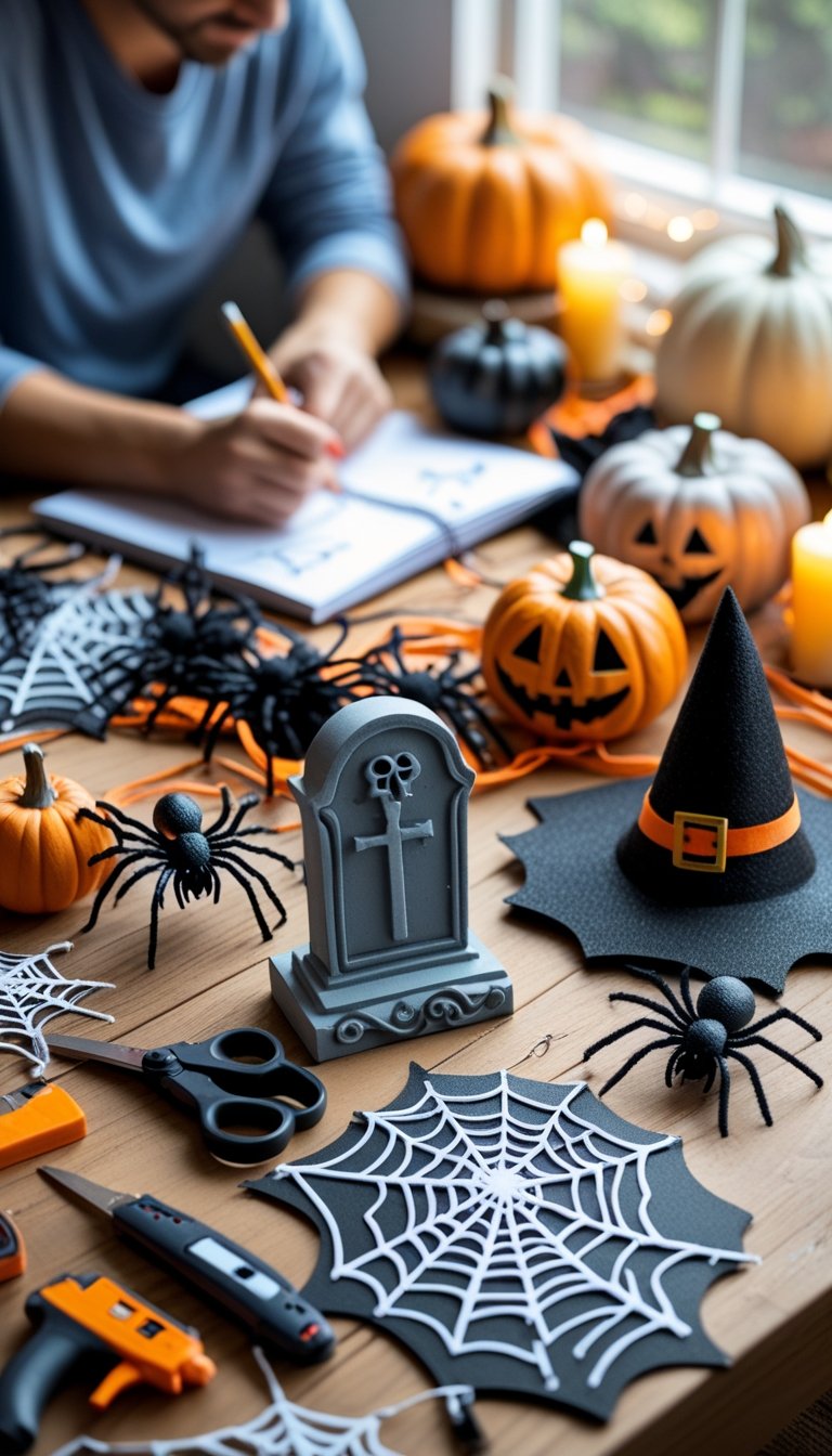 A workspace with Halloween craft materials and a person sketching designs for DIY haunted house props.