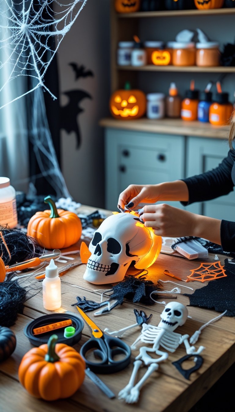 Hands assembling Halloween props on a table filled with craft supplies like paint, glue, and skeleton parts in a decorated workspace.