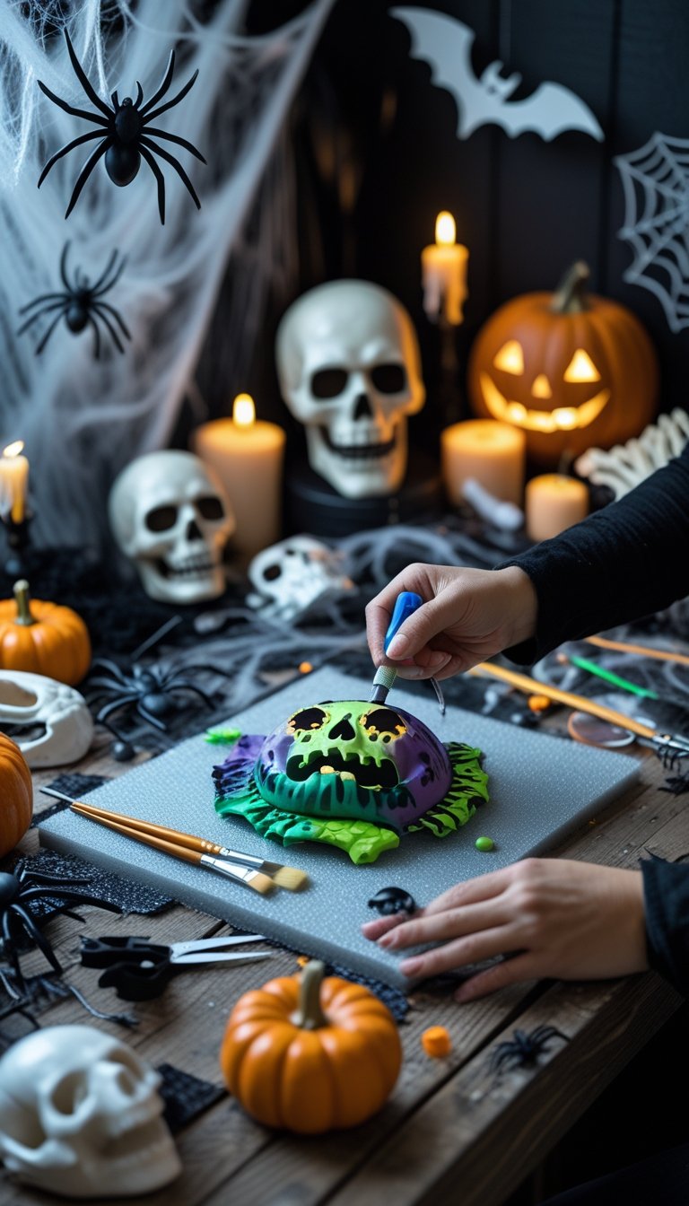 A workspace with crafting materials and hands making Halloween monster props for a haunted house.