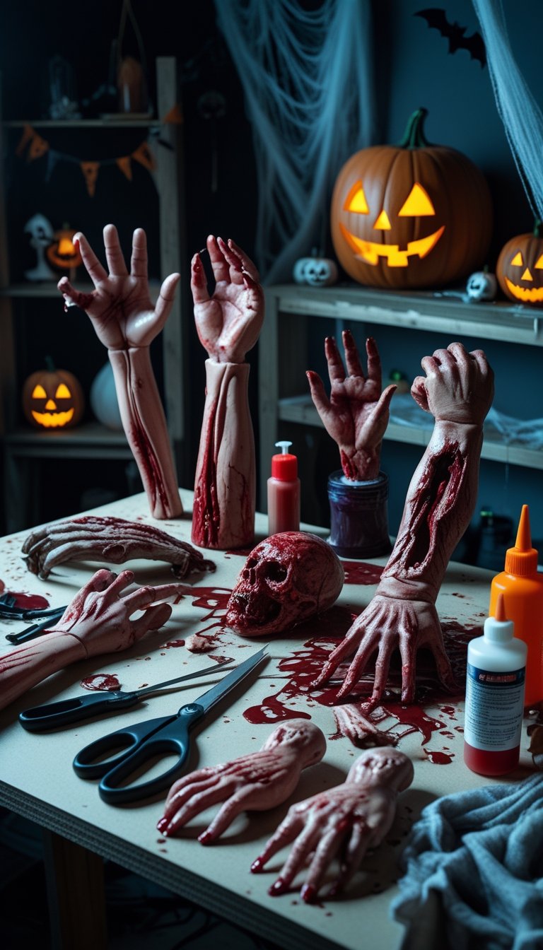 A workbench displaying realistic fake severed hands and limbs with crafting tools and Halloween decorations in a dimly lit workshop.