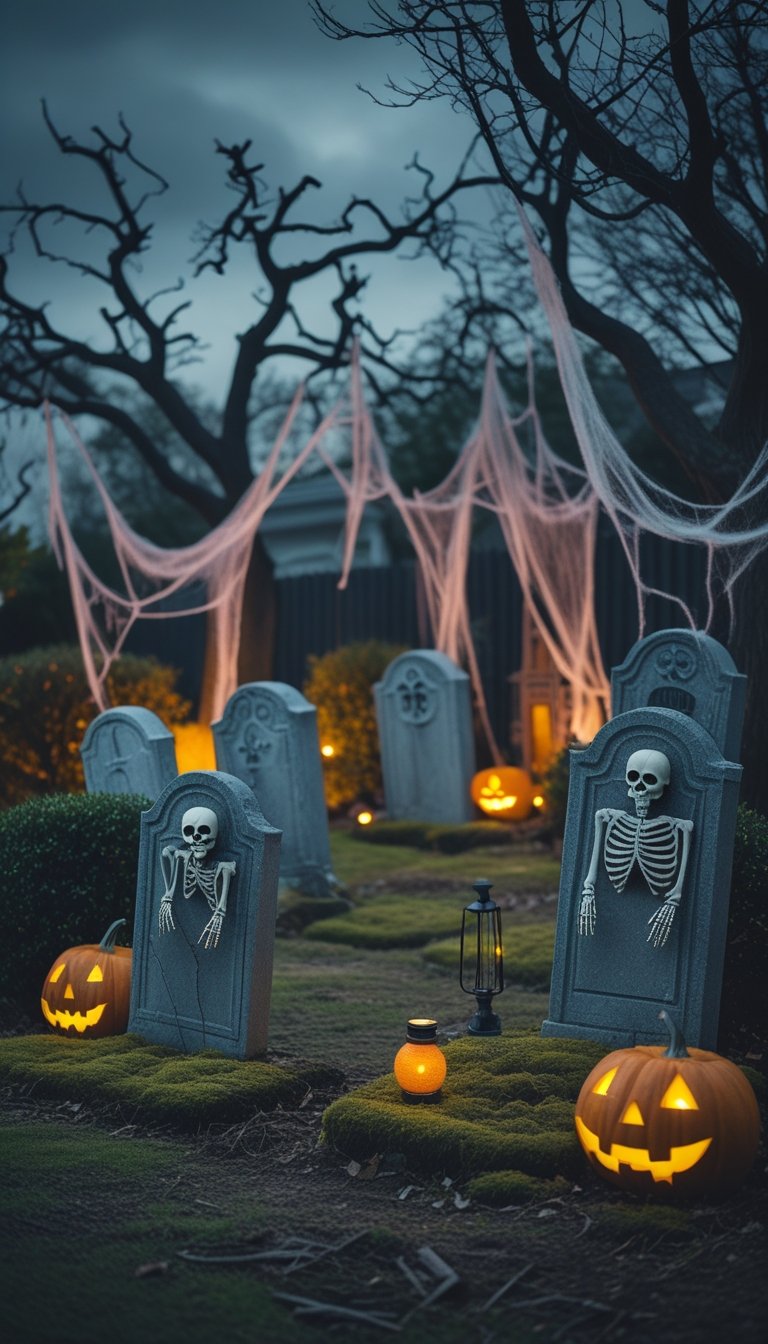 Outdoor scene with tombstones, skeleton hands, cobwebs, glowing lanterns, and carved pumpkins in a spooky yard decorated for Halloween.