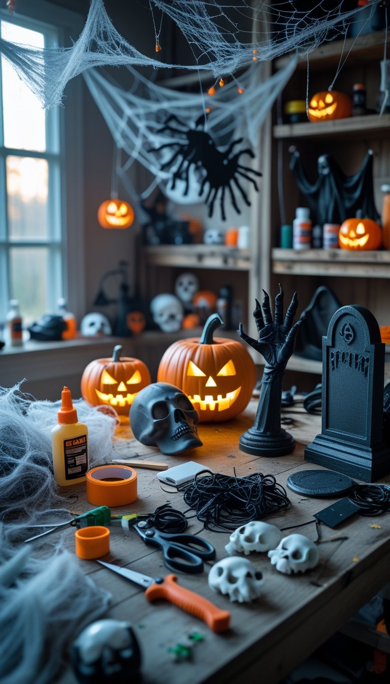A workspace with Halloween crafting materials and partially made spooky props on a wooden table.