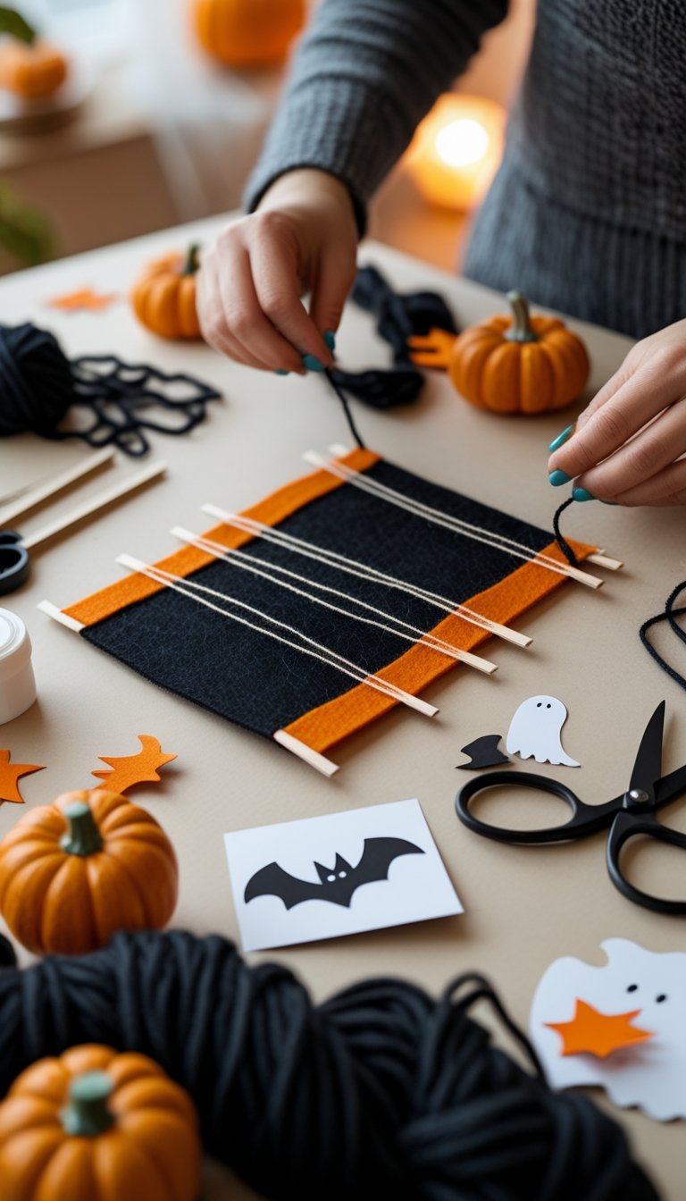 Hands assembling a Halloween-themed wall hanging on a crafting table with various craft supplies around.