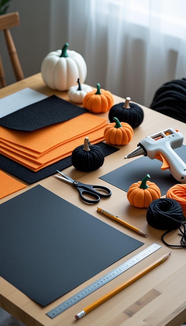 A workspace with various materials and tools laid out for making a Halloween wall hanging, including felt sheets, scissors, glue gun, yarn, small pumpkins, and decorative spider webs.