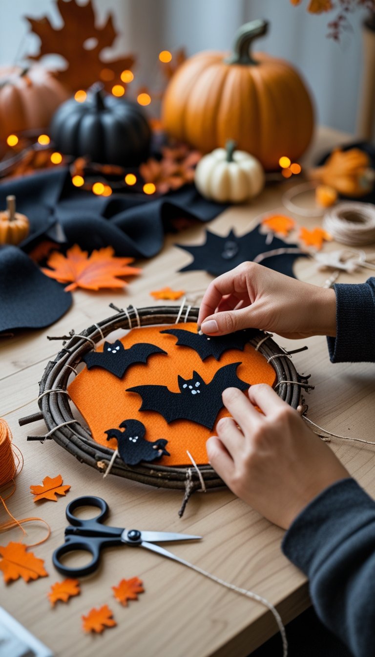 Hands crafting a Halloween wall hanging with felt shapes and natural materials on a table surrounded by autumn decorations.