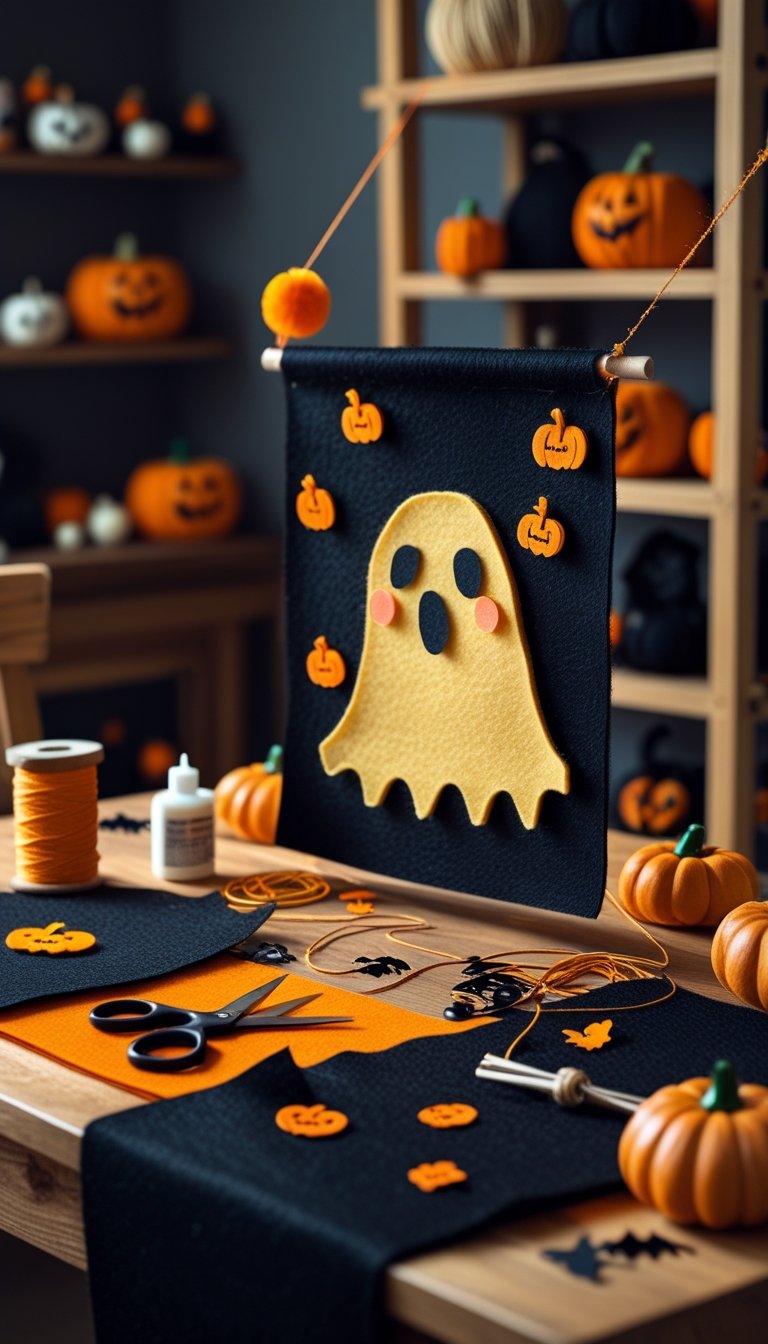 A crafting workspace with materials and a partially completed Halloween wall hanging featuring a ghost and pumpkin.