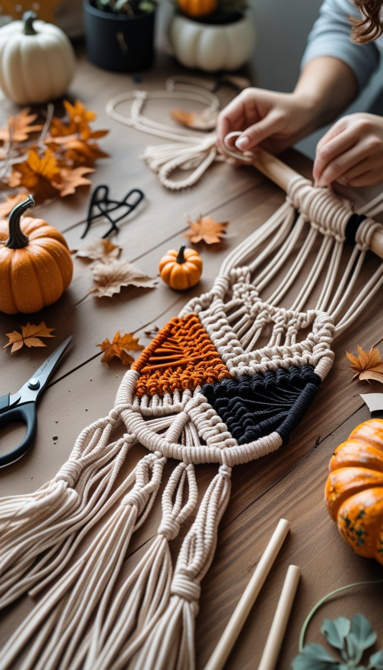 Hands working on a macrame Halloween wall hanging with craft supplies on a wooden table.