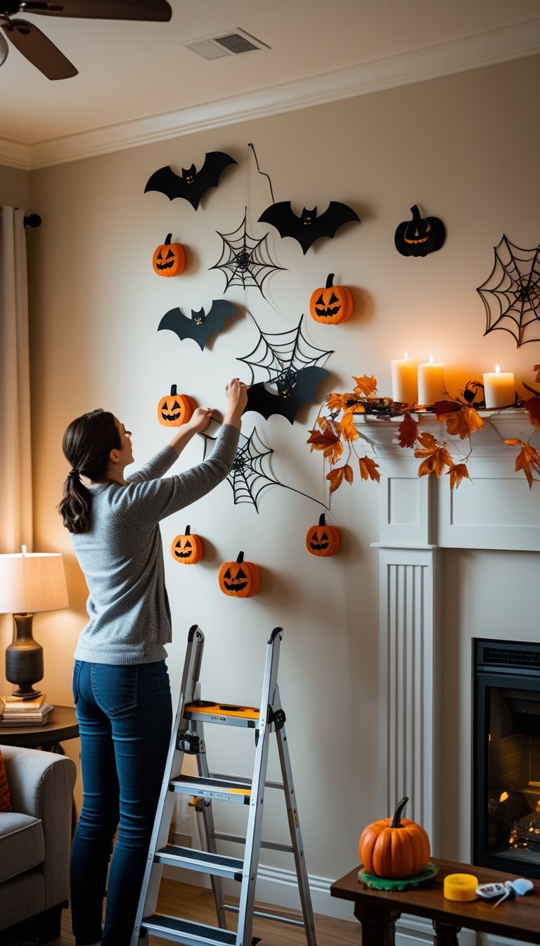 Person hanging a Halloween wall decoration with pumpkins and bats in a cozy living room.
