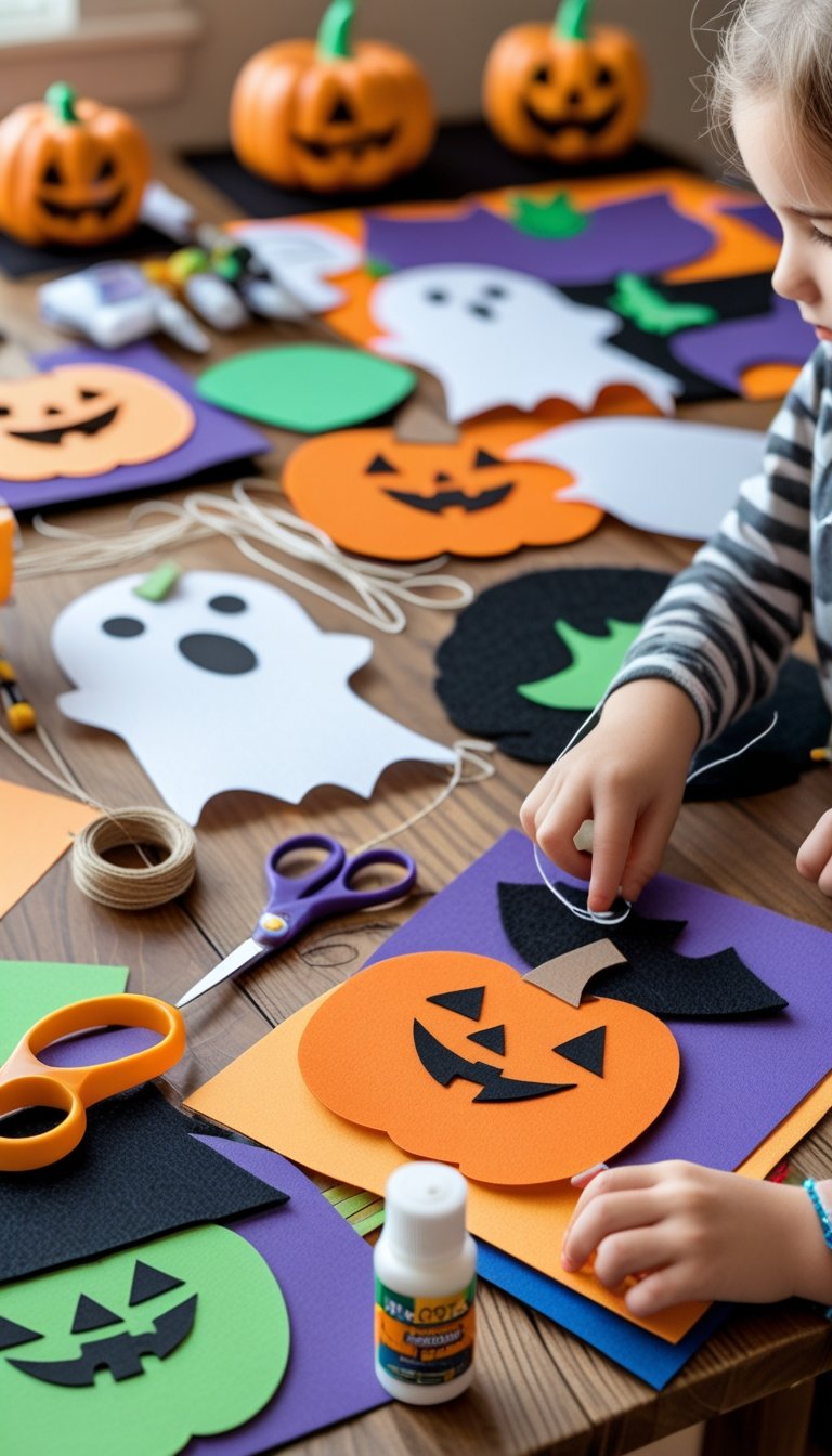 Children making Halloween wall hangings with colorful craft materials on a wooden table.