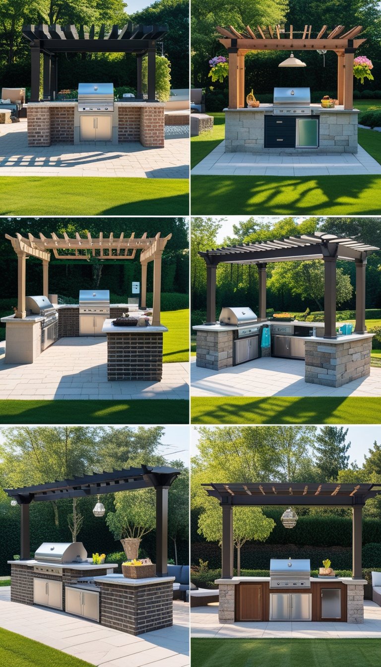 Nine different outdoor grill islands each under a pergola, set in a backyard with greenery and seating.
