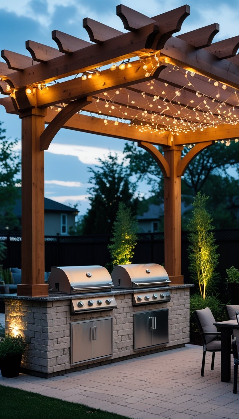 Outdoor wooden pergola with built-in LED string lights above a grill island and seating area in a garden during evening.
