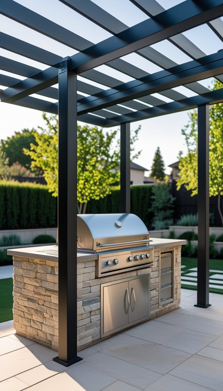 Outdoor grill island made of stone under a steel frame pergola in a backyard setting.