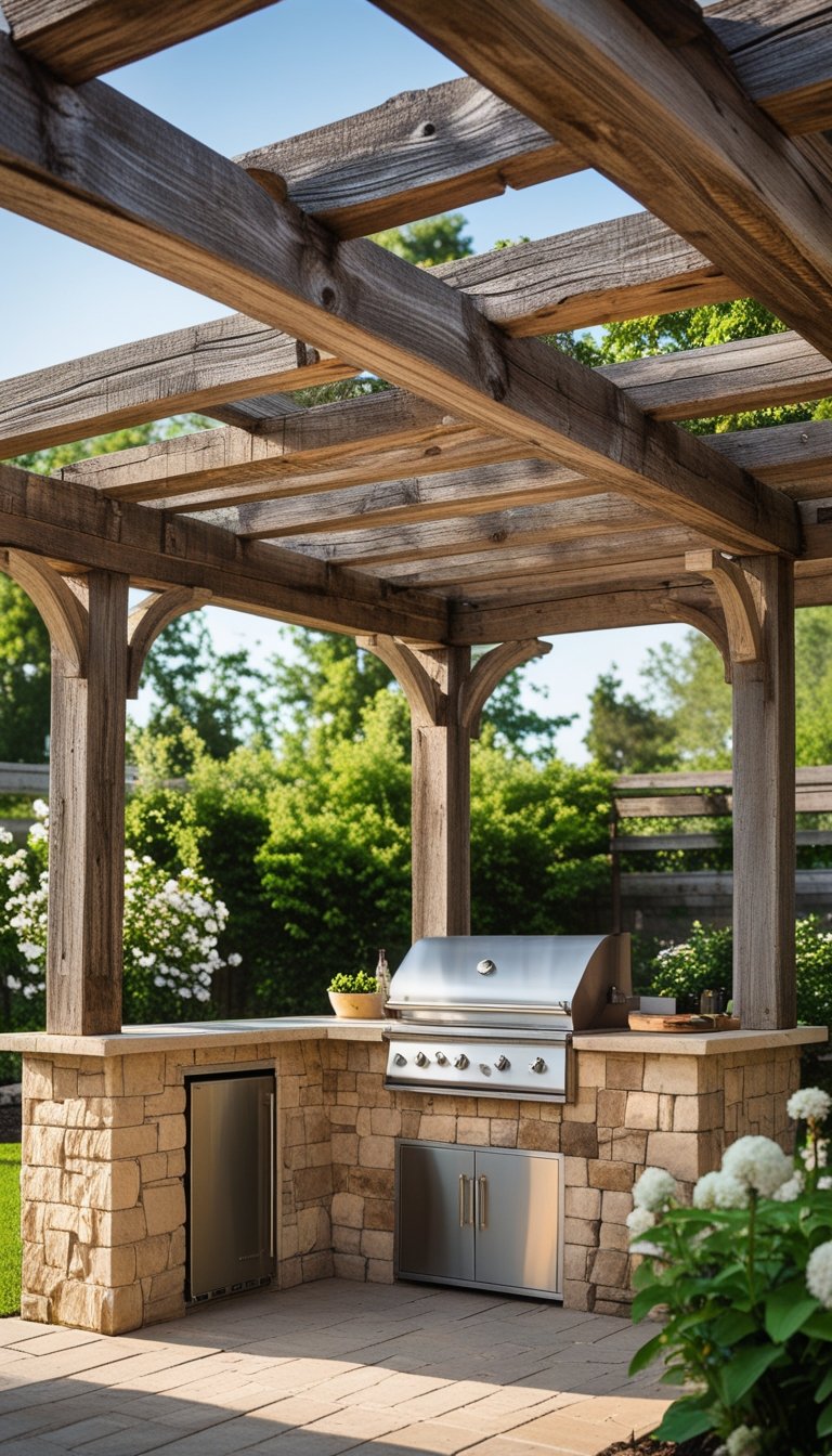 An outdoor grill kitchen under a wooden pergola surrounded by greenery.