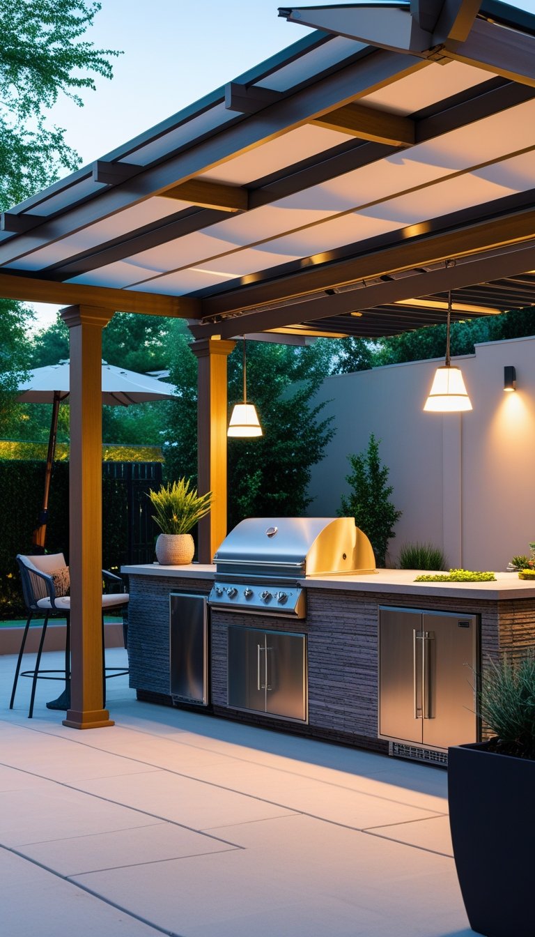 Outdoor kitchen with a grill island under a pergola with a partially extended retractable canopy in a backyard setting.