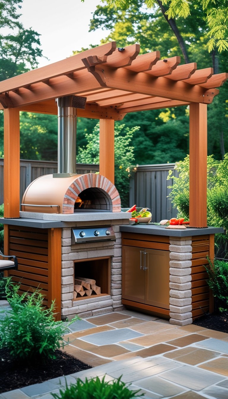 Outdoor backyard with a compact cedar pergola covering a built-in pizza oven and grill island surrounded by plants and stone patio.