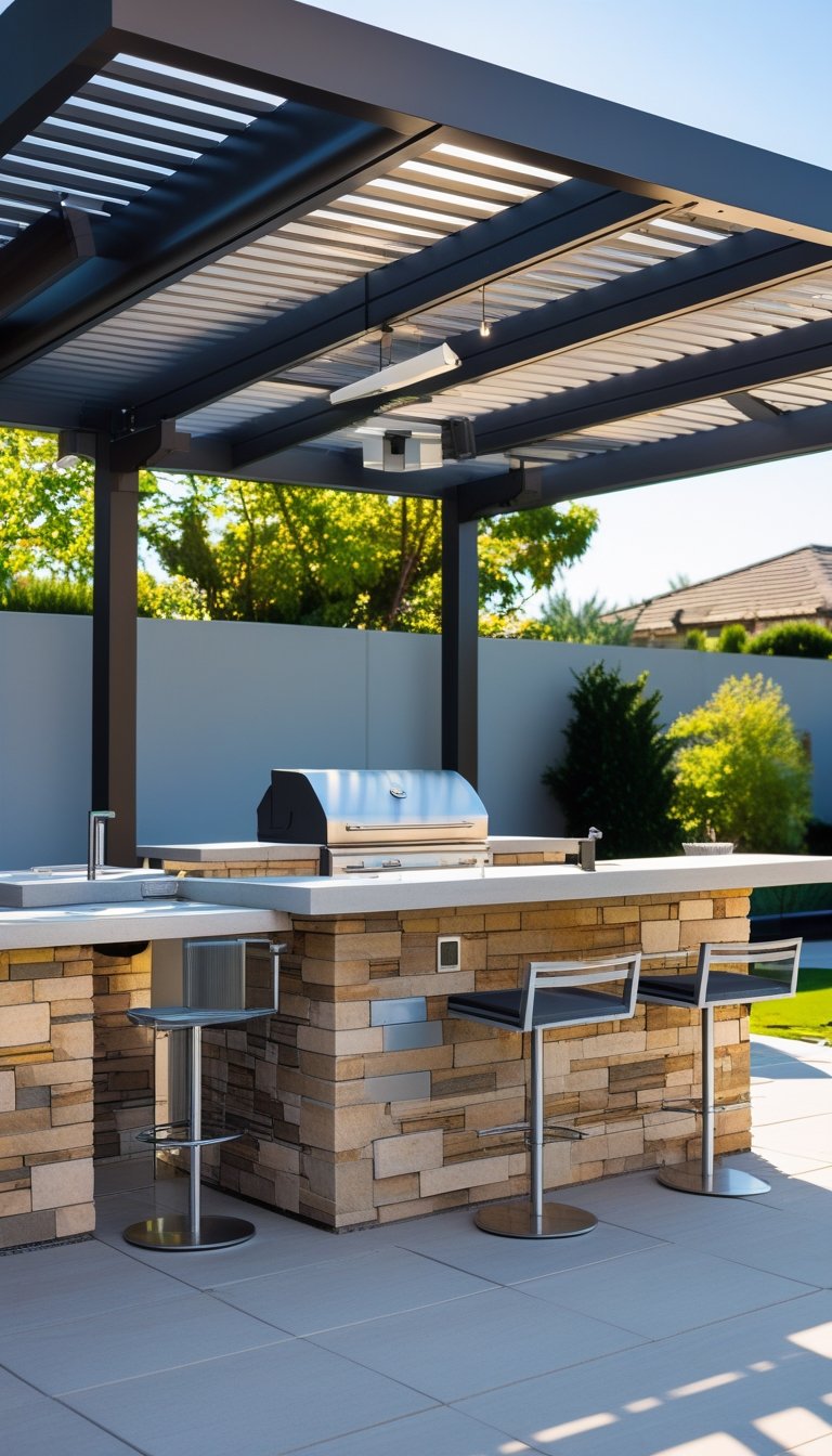 Outdoor grill island with bar seating under an open-roof pergola surrounded by greenery.