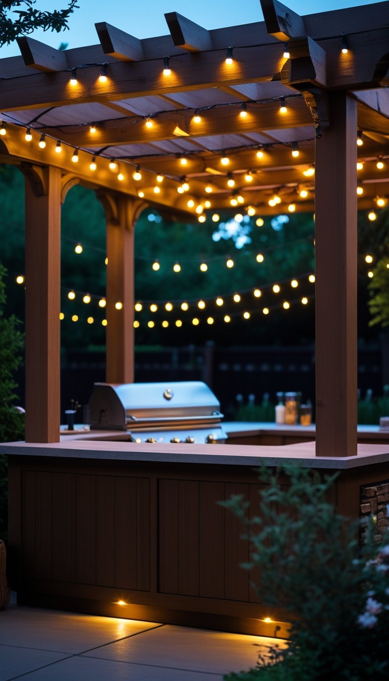An outdoor pergola lit by solar-powered string lights over a grill island surrounded by garden greenery at night.