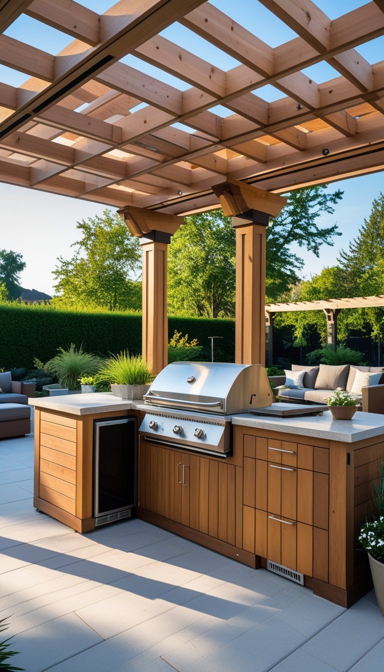 Outdoor grill island with integrated storage cabinets and prep space under a wooden pergola in a backyard setting.