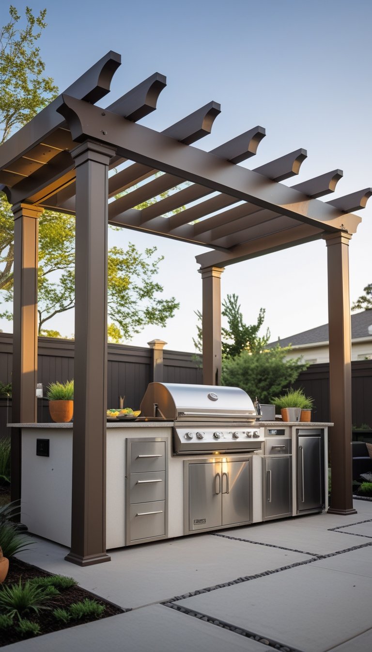 Outdoor grill island under a partial roof pergola with a barbecue grill and seating in a backyard.