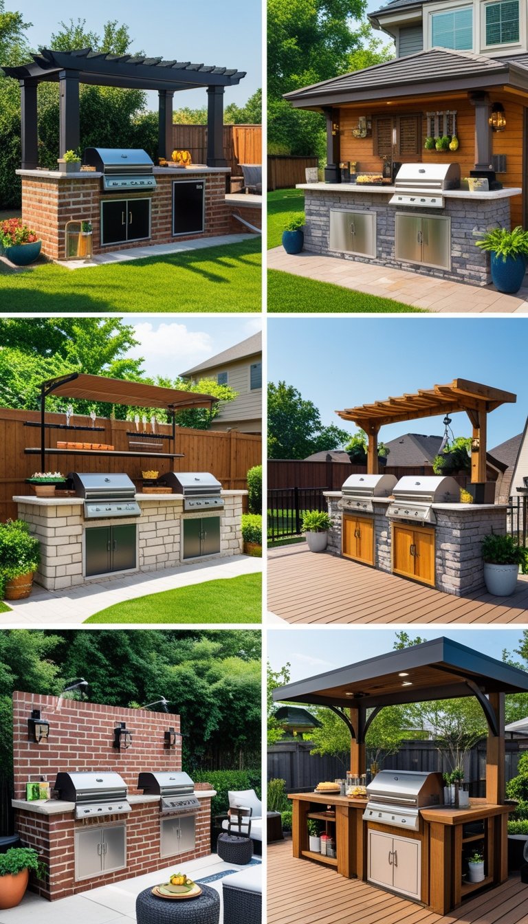 A backyard with twelve different outdoor DIY grill stations made from various materials, each with grills, prep areas, and seating surrounded by plants and greenery.
