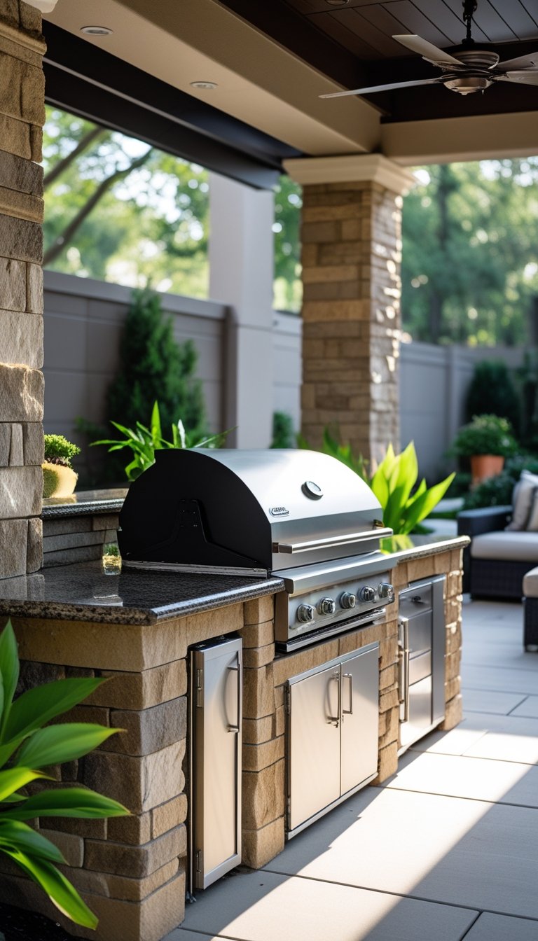 Outdoor built-in BBQ kitchen with granite countertops and a gas grill in a backyard patio setting.