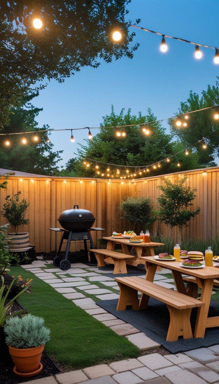 Outdoor backyard BBQ area with a charcoal grill, wooden picnic tables, string lights, potted plants, and plates of grilled food.