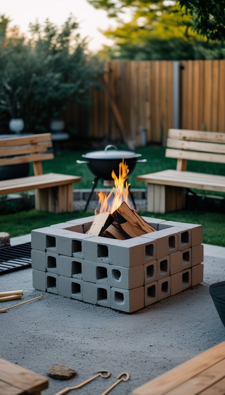A backyard fire pit made from cinder blocks surrounded by wooden benches and cooking tools, set in a natural outdoor space.