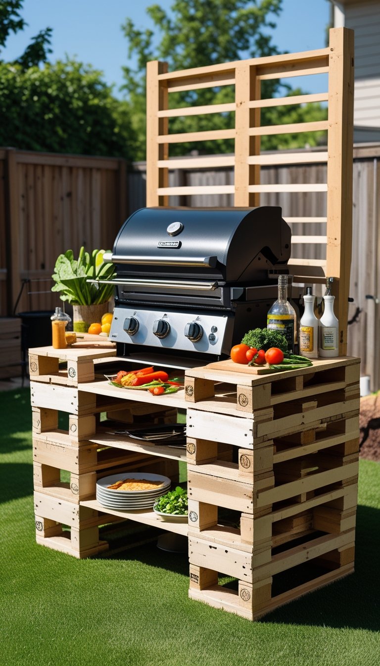 Outdoor DIY grill station made from wooden pallets with storage and counter space in a backyard.